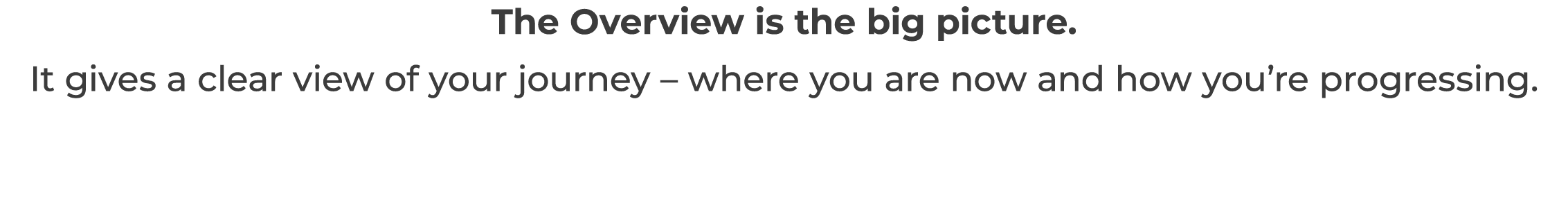 The Overview is the big picture   It gives a clear view of your journey   where you are now and how you re progressing 